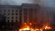 A pro-Russian activist tent camp burns in front of the trade union building in Odessa